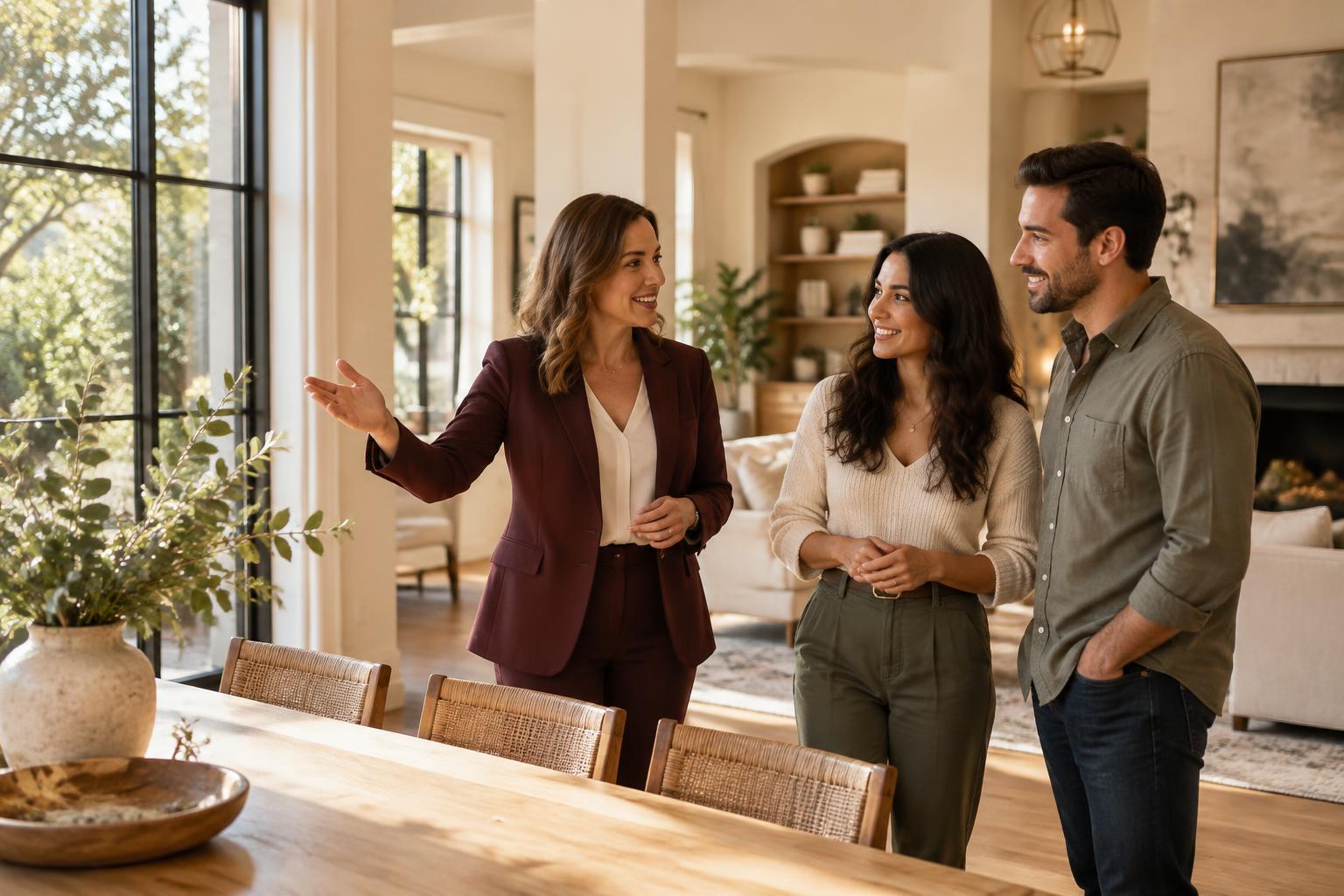 An illustrative scene of a couple exploring a home with a real estate professional